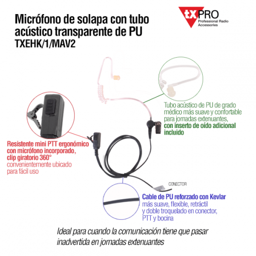 tXPRO TX-EHIAV2 | Auricular Manos Libres con Tubo Acústico Transparente para Radios ICOM