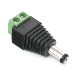 Adaptador tipo jack de 3.5 mm macho polarizado de 12 vcd con terminales de tornillo.