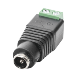 Adaptador tipo jack de 3.5 mm hembra polarizado de 12 Vcd con terminales tipo tornillo.