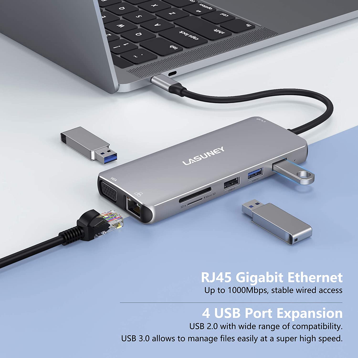 Lasuney Triple Display En USB C Docking Station Dock Con HDMI Y VGA PD Ethernet
