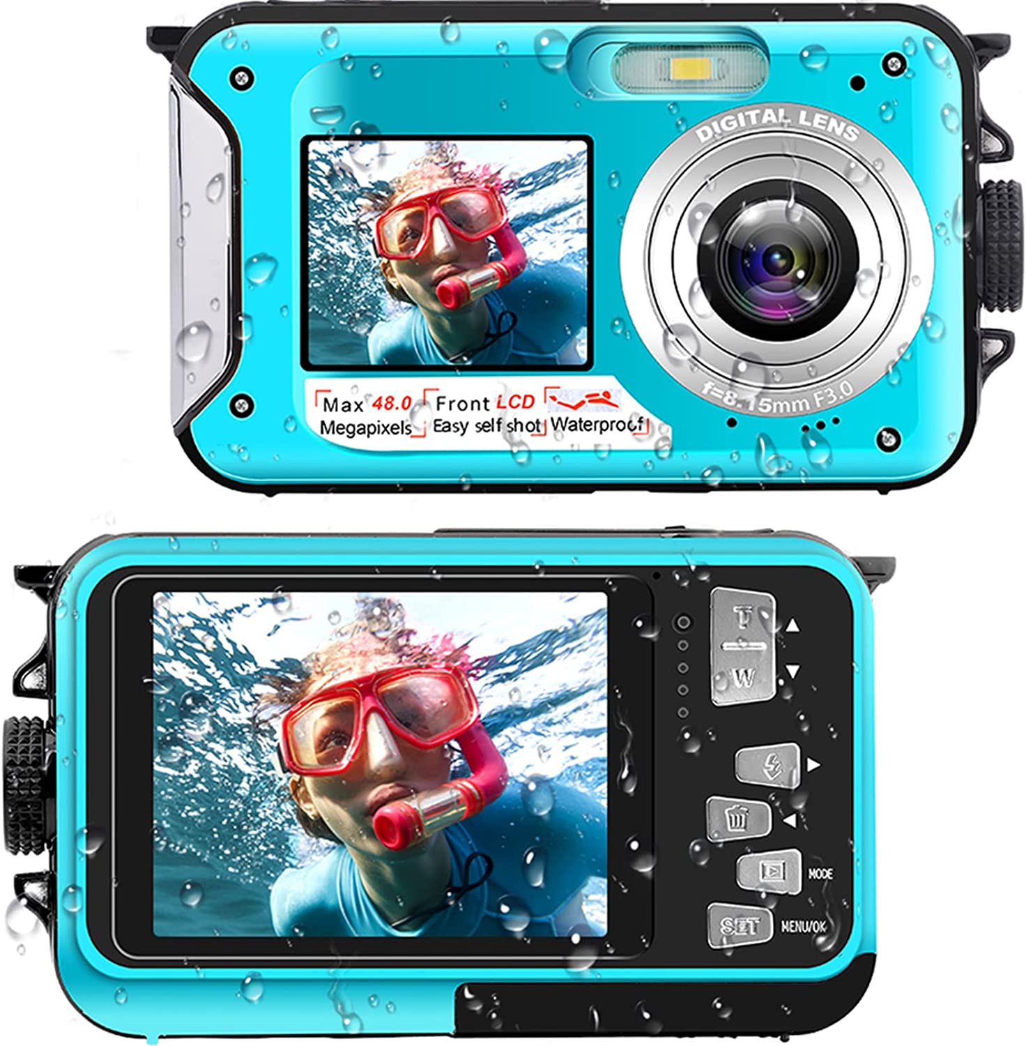 Cámara digital resistente al agua Cámara acuática Full HD 2.7K 48 MP  Grabadora de video Selfie doble pantalla 16X zoom digital Linterna cámara  resistente al agua para snorkel.