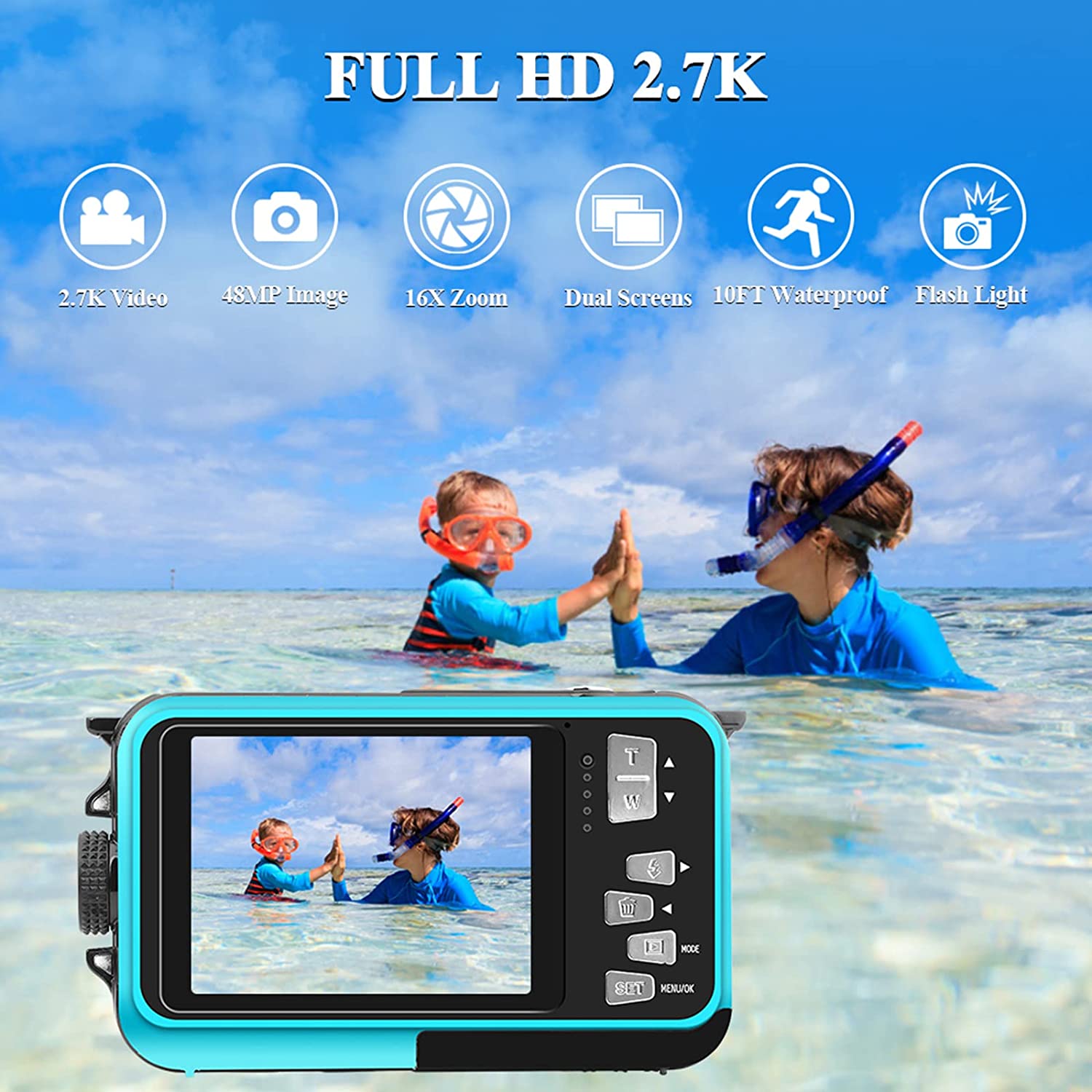 Camara Acuatica Sumergible 2.7K Full HD 48MP Camara Fotos Acuatica Selfie  Camara de Pantalla Dual