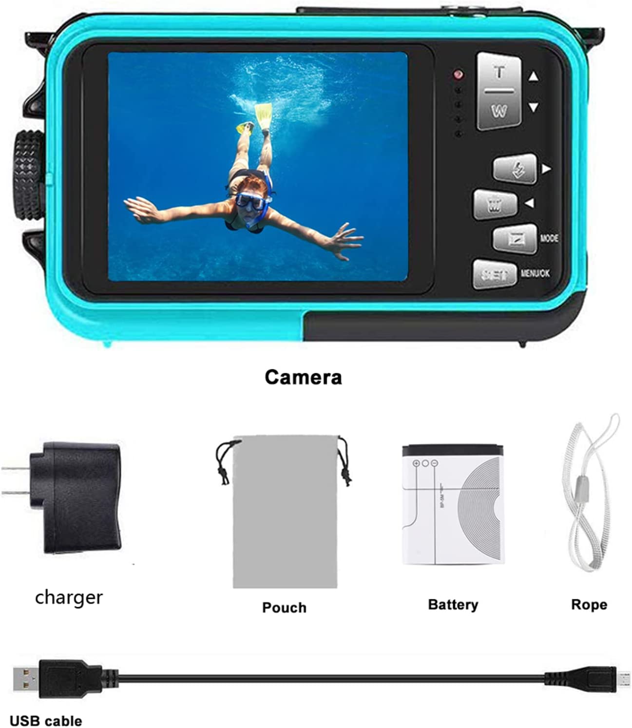 Cámara digital resistente al agua Cámara acuática Full HD 2.7K 48 MP  Grabadora de video Selfie doble pantalla 16X zoom digital Linterna cámara