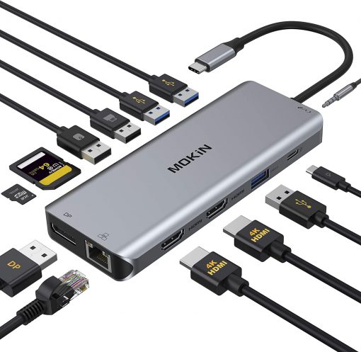 Hub USB C, estación de acoplamiento USB C 13 en 1, adaptador tipo C de triple pantalla con doble HDMI 4K, DP, cargador PD, Gigabit Ethernet, 5 puertos USB, lector de tarjetas SD/TF, micrófono/audio para MacBook Pro y Windows