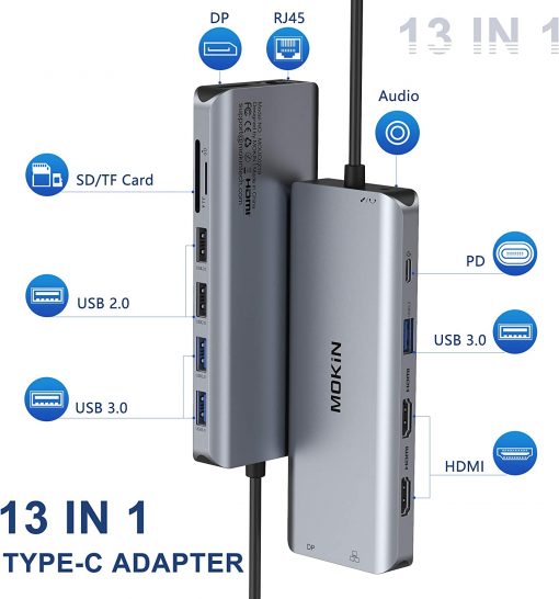 Hub USB C, estación de acoplamiento USB C 13 en 1, adaptador tipo C de triple pantalla con doble HDMI 4K, DP, cargador PD, Gigabit Ethernet, 5 puertos USB, lector de tarjetas SD/TF, micrófono/audio para MacBook Pro y Windows - Imagen 2