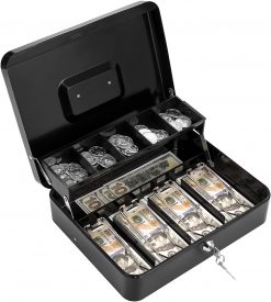Caja de efectivo con llave de bloqueo y bandeja de dinero de 11.8 x 9.4 x 3.54 pulgadas