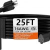 Cable de extensión negro de calibre 16 de 25 pies para interiores y exteriores cable eléctrico de 3 clavijas, 13 A, 1625 W, 125 V, 16 AWG