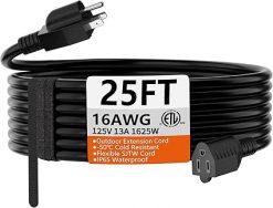 Cable de extensión negro de calibre 16 de 25 pies para interiores y exteriores cable eléctrico de 3 clavijas, 13 A, 1625 W, 125 V, 16 AWG