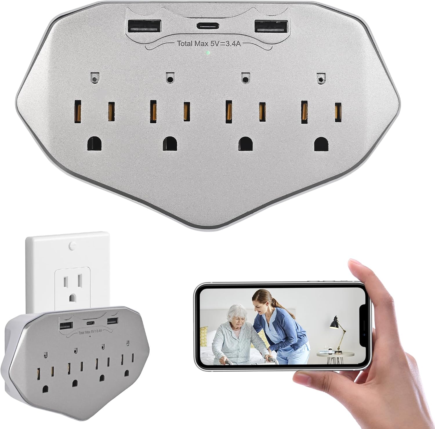 Toma de pared de carga rápida de 45 W con puertos USB triples, cámara de seguridad integrada, cargador USB-C PD para el hogar y la oficina