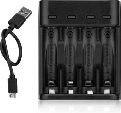 Cargador USB de 4 bahías para baterías recargables AA y AAA NiMH/NiCd de 1.2 V