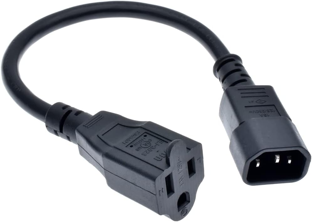Cable Adaptador de Alimentación C14 a NEMA 5-15R, Extensión de Corriente IEC320 C14 para Computadora, PDU y UPS, Calibre 18AWG, 1 Pie (0.3 m)