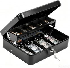 Caja de ahorro de dinero con cerradura/Organizador de dinero con caja de bloqueo, llave y bandeja para efectivo, negro, 11.81Lx 9.45Wx 3.54H pulgadas, extragrande
