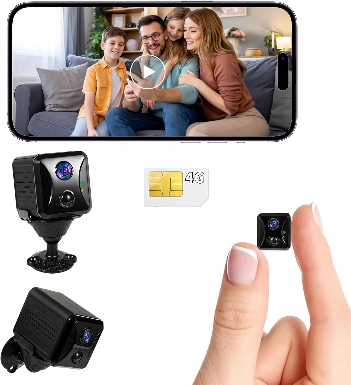 Cámara oculta 4G LTE, cámara de seguridad celular sin WiFi con tarjeta SIM 4G, cámara espía portátil 4K HD, visión amplia de 160°, con visión nocturna, control de aplicación de alerta